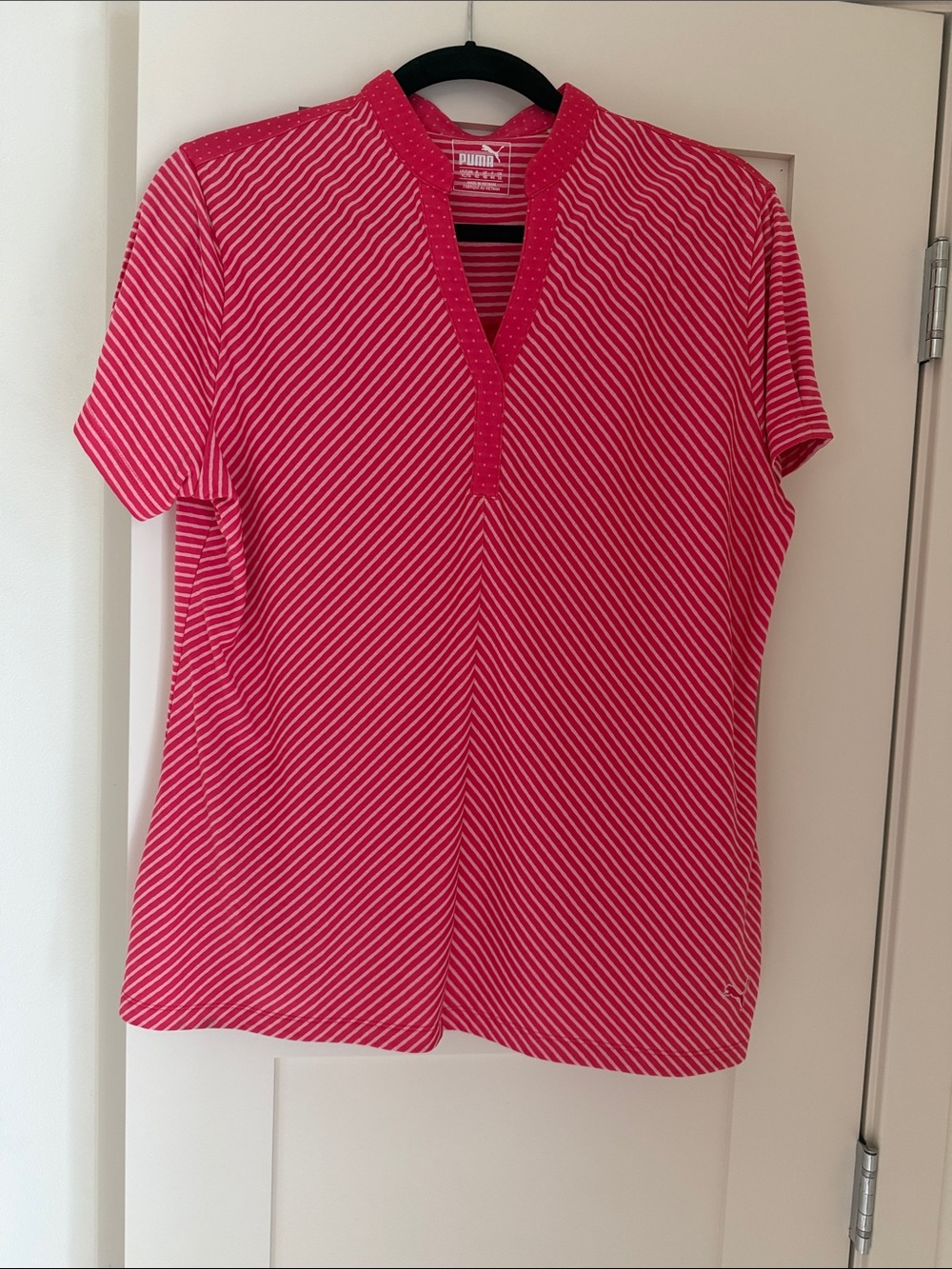Puma Hot Pink Diagonal Stripe Short Sleeve V-Neck Top